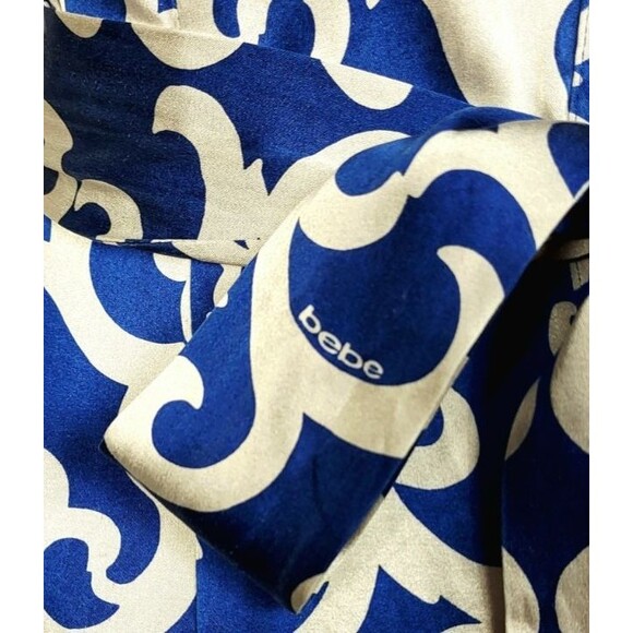 Vintage Y2k Bebe Silk Cobalt Grey Puff Sleeve Scroll Logo AOP Belted Blouse M/L - Picture 12 of 15